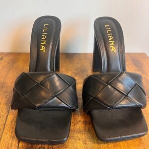 Liliana Woven Mules Block‎ Heel Slip On Sandals Black Heels Size 6